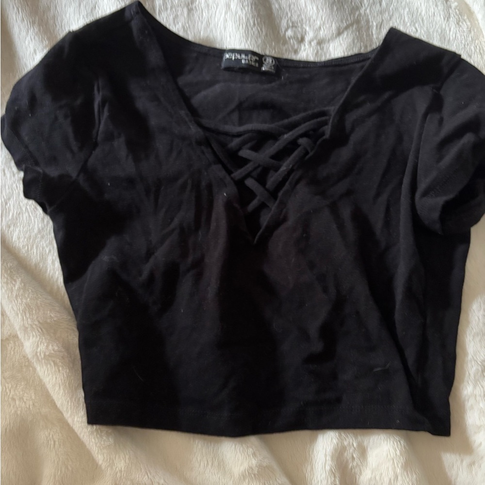 Popular Basics Black Cap Sleeve Tie Front Crop Blouse